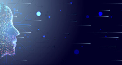 Digital illustration of a human face in profile made of colorful dots and lines, set against a dark background with abstract blue lights and circuitry patterns—perfect for a modern corporate law office or law offices seeking a dynamic, innovative look.