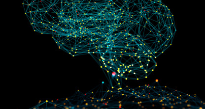A digital illustration of a tree made from interconnected blue lines and yellow dots, resembling a neural network, set against a dark background—perfect for representing intellectual property law or litigation support.