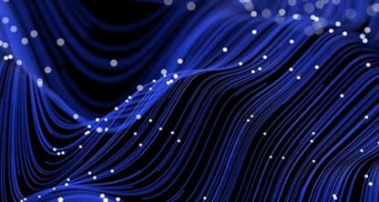Abstract digital illustration of flowing blue lines and scattered white dots on a dark background, evoking a wave or data visualization—ideal for a Chicago lawyers firm specializing in intellectual property law.