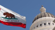The California state flag waves in front of the California State Capitol building under a clear blue sky, embodying the spirit upheld by any leading corporate law office.