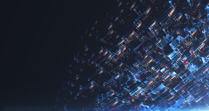 Abstract digital illustration of floating, transparent blue and orange cubes and rectangles against a dark background, evoking a futuristic, technological effect—perfect for a modern corporate law office or lawyers in Chicago seeking innovative visual themes.