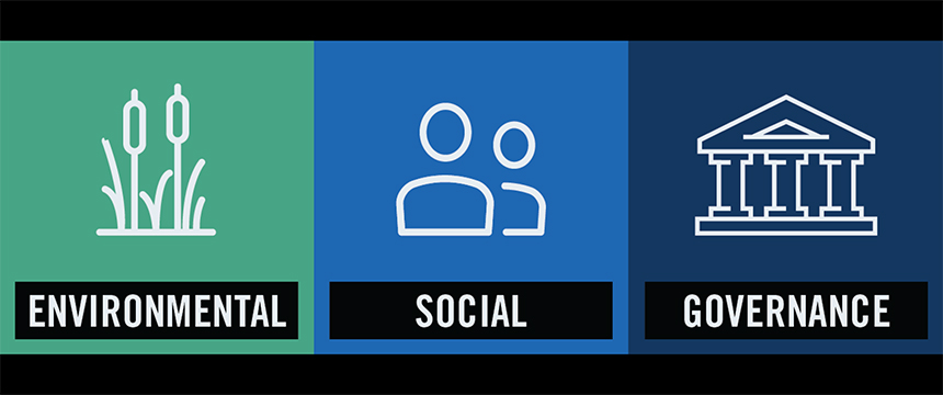 Three boxes labeled Environmental, Social, and Governance—each with an icon for plants, two people, and a government building—highlight the focus areas of our Chicago lawyers offering corporate law office expertise and litigation support.