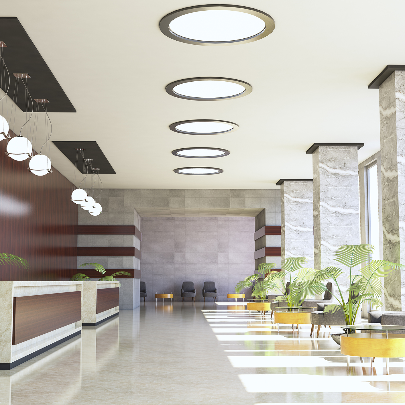 Modern hotel lobby with marble columns, circular ceiling lights, a wooden reception desk, potted plants, and several chairs along the far wall, all brightly lit by natural light—perfect for guests visiting nearby law offices or seeking litigation support.
