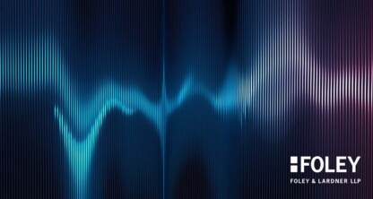 Abstract blue and black vertical lines form a wave-like pattern, with the Foley & Lardner LLP logo in white at the bottom right corner—reflecting the dynamic presence of Chicago lawyers.