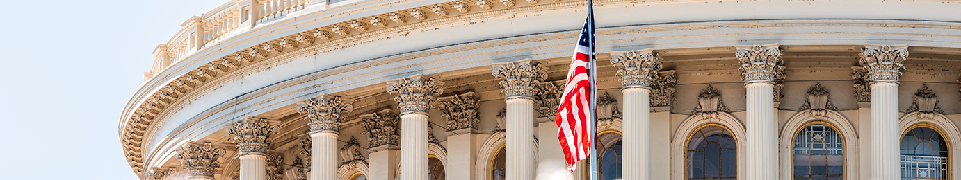 Close-up view of the United States Capitol building’s columns and an American flag in front, reflecting the prestige and authority that inspire top corporate law office professionals nationwide.