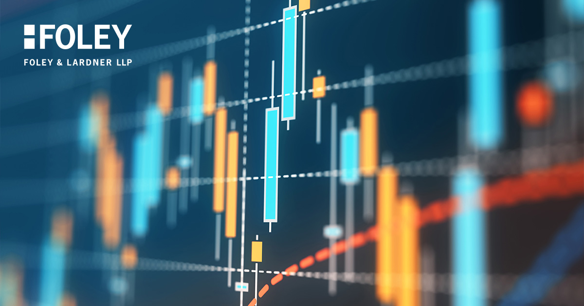 A close-up of a financial chart with candlestick patterns and data lines, displaying market trends, with the Foley & Lardner LLP logo in the top left corner, highlighting expertise in litigation support by Chicago lawyers.