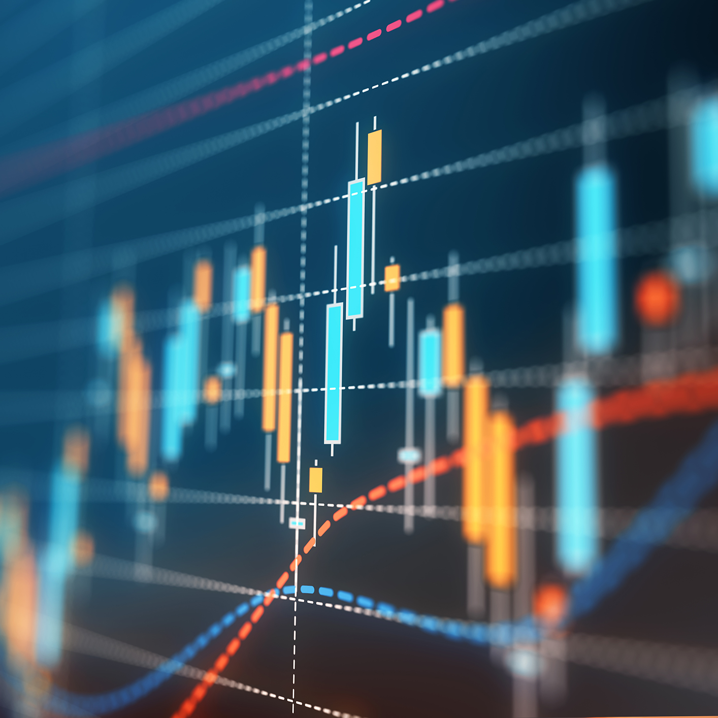 A digital stock market chart displays candlestick patterns and trend lines in blue, orange, and red against a dark background—essential for law offices specializing in intellectual property law or litigation support.