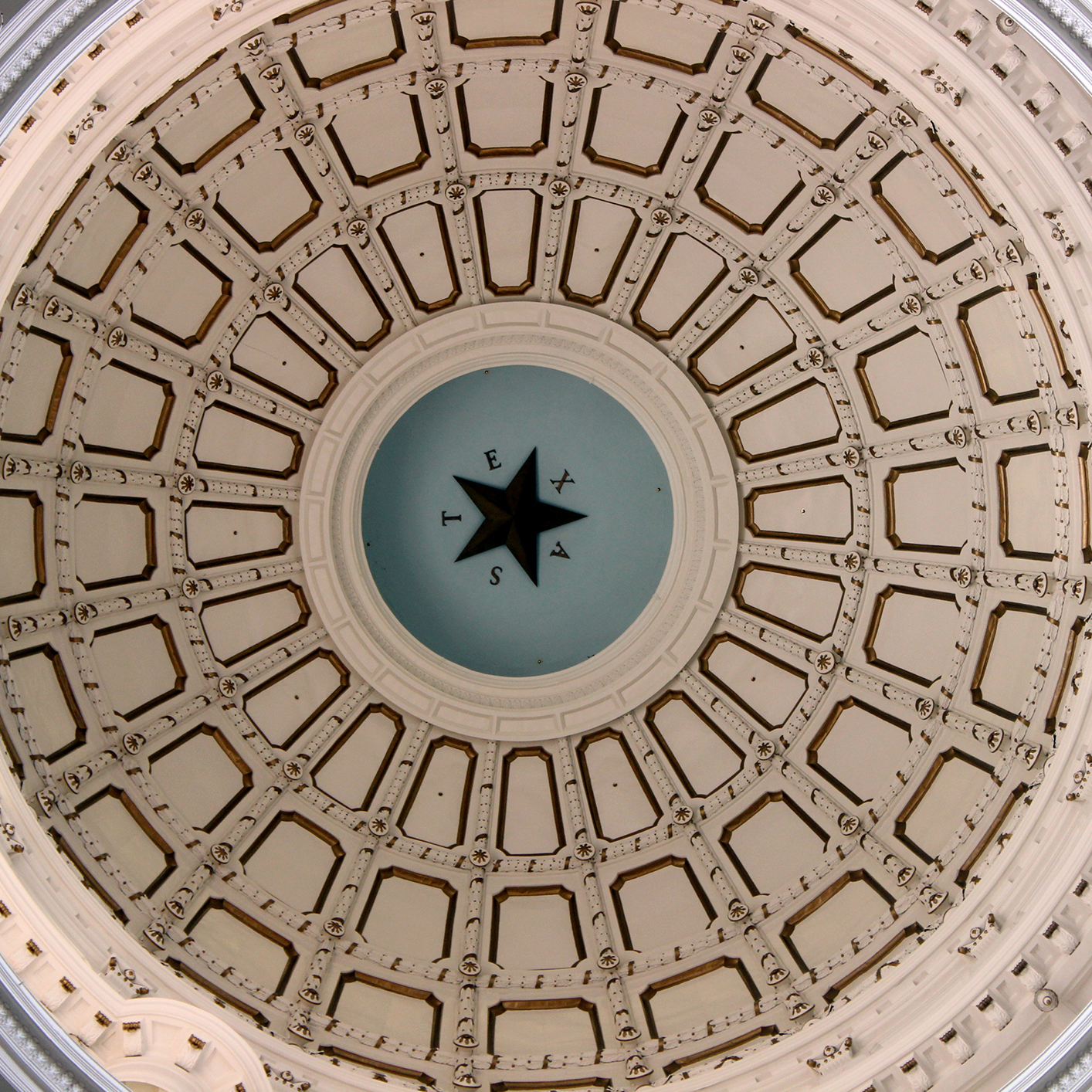 Interior view of a domed ceiling with a central star and the word "TEXAS" around it, surrounded by detailed architectural patterns—an inspiring space for law offices or litigation support.