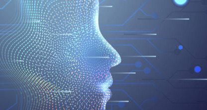 Digital illustration of a human face in profile composed of glowing dots and lines, set against a circuit-like, technology-themed background—perfect for Chicago lawyers specializing in intellectual property law.