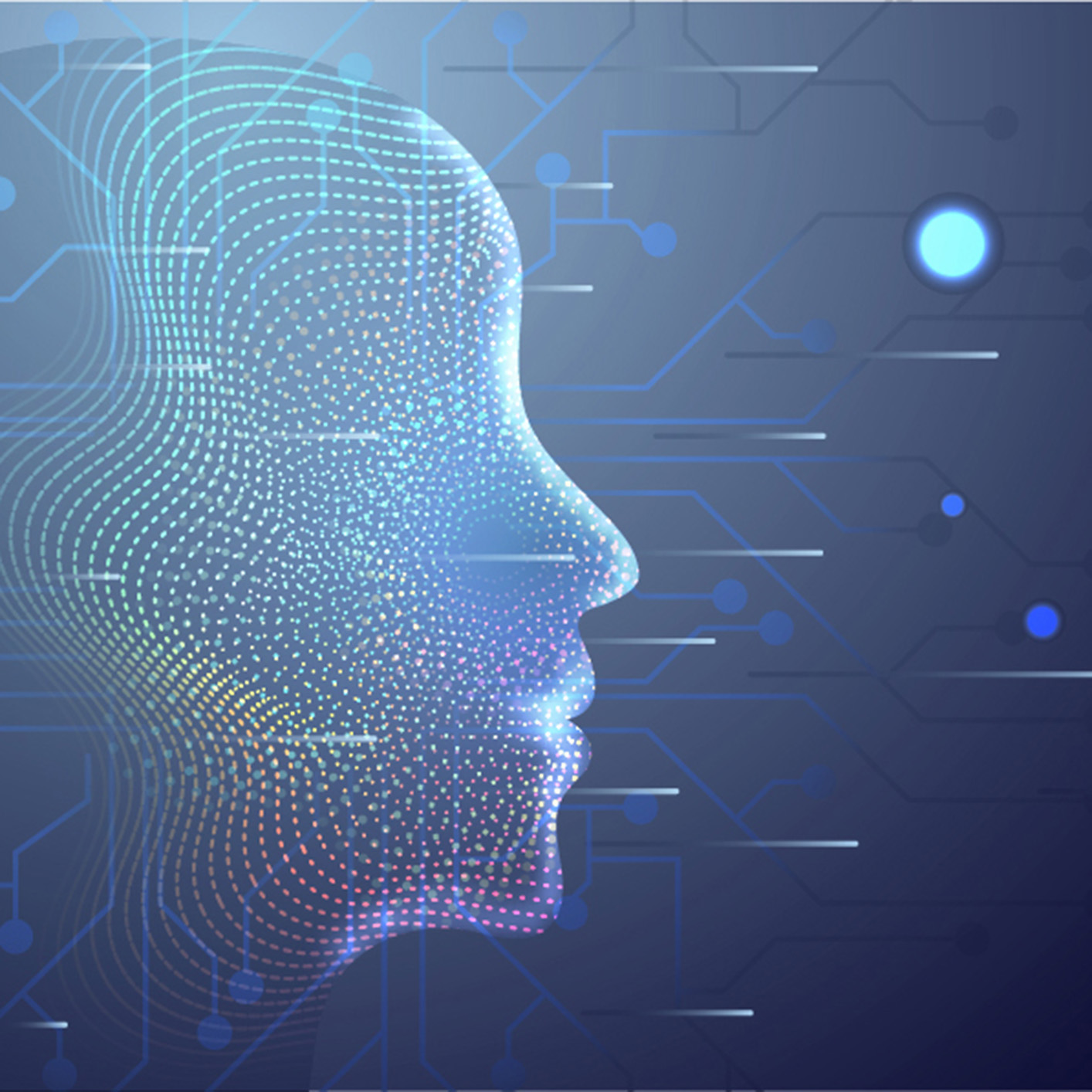 Digital illustration of a human face in profile composed of glowing dots and lines, set against a circuit-like, technology-themed background—perfect for Chicago lawyers specializing in intellectual property law.