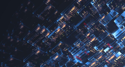 Abstract digital image of glowing blue and transparent rectangular shapes overlapping against a dark background, evoking futuristic technology or data visualization—ideal for law offices or litigation support presentations.