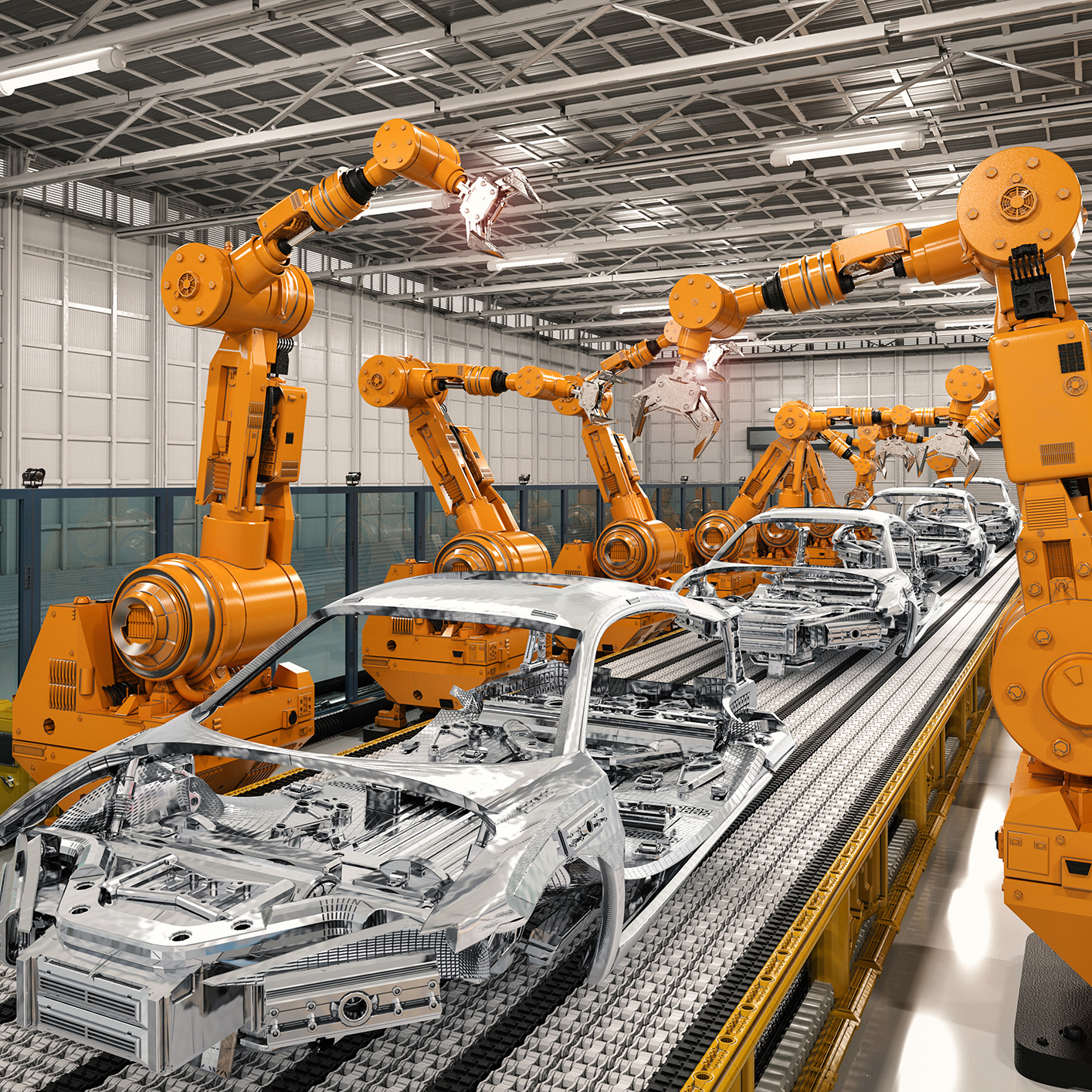 Robotic arms assemble car frames on an automated production line inside a modern automotive manufacturing factory, showcasing innovations that are transforming both manufacturing and intellectual property law.