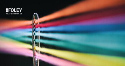 A close-up of a needle's eye with multiple colorful threads passing through it, set against a dark background. The Foley &amp; Lardner LLP logo appears in the top left corner, highlighting their expertise in litigation support and intellectual property law.