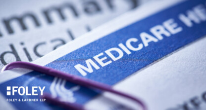 Close-up of a document labeled "MEDICARE HEALTH" with a purple paperclip attached, alongside blurred text and the Foley & Lardner LLP logo, highlighting the expertise of lawyers in Chicago at one of the city's leading law offices.