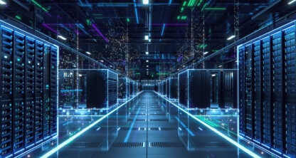 A modern data center with rows of illuminated server racks, reflective floors, and digital light effects creating a futuristic atmosphere—ideal for Chicago lawyers and law offices safeguarding sensitive intellectual property law data.