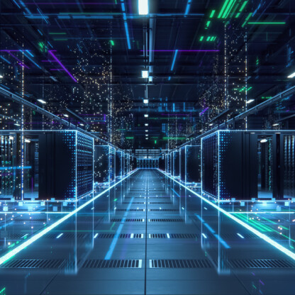 A modern data center with rows of illuminated server racks, reflective floors, and digital light effects creating a futuristic atmosphere—ideal for Chicago lawyers and law offices safeguarding sensitive intellectual property law data.