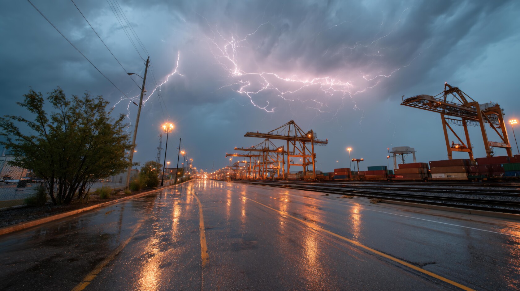 Lightning strikes over an industrial port with cranes and shipping containers during a rainy evening, reflecting lights on the wet pavement.