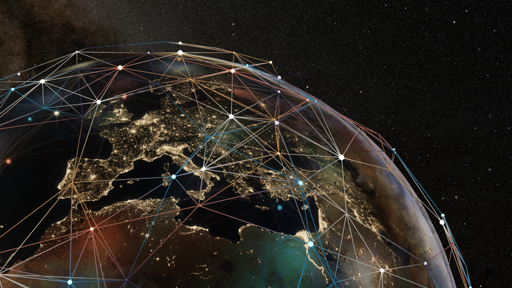 A view of Earth from space at night shows illuminated cities in Europe and network lines connecting points across the globe, representing global connectivity—much like how Chicago lawyers link clients worldwide in today&#039;s corporate law office landscape.