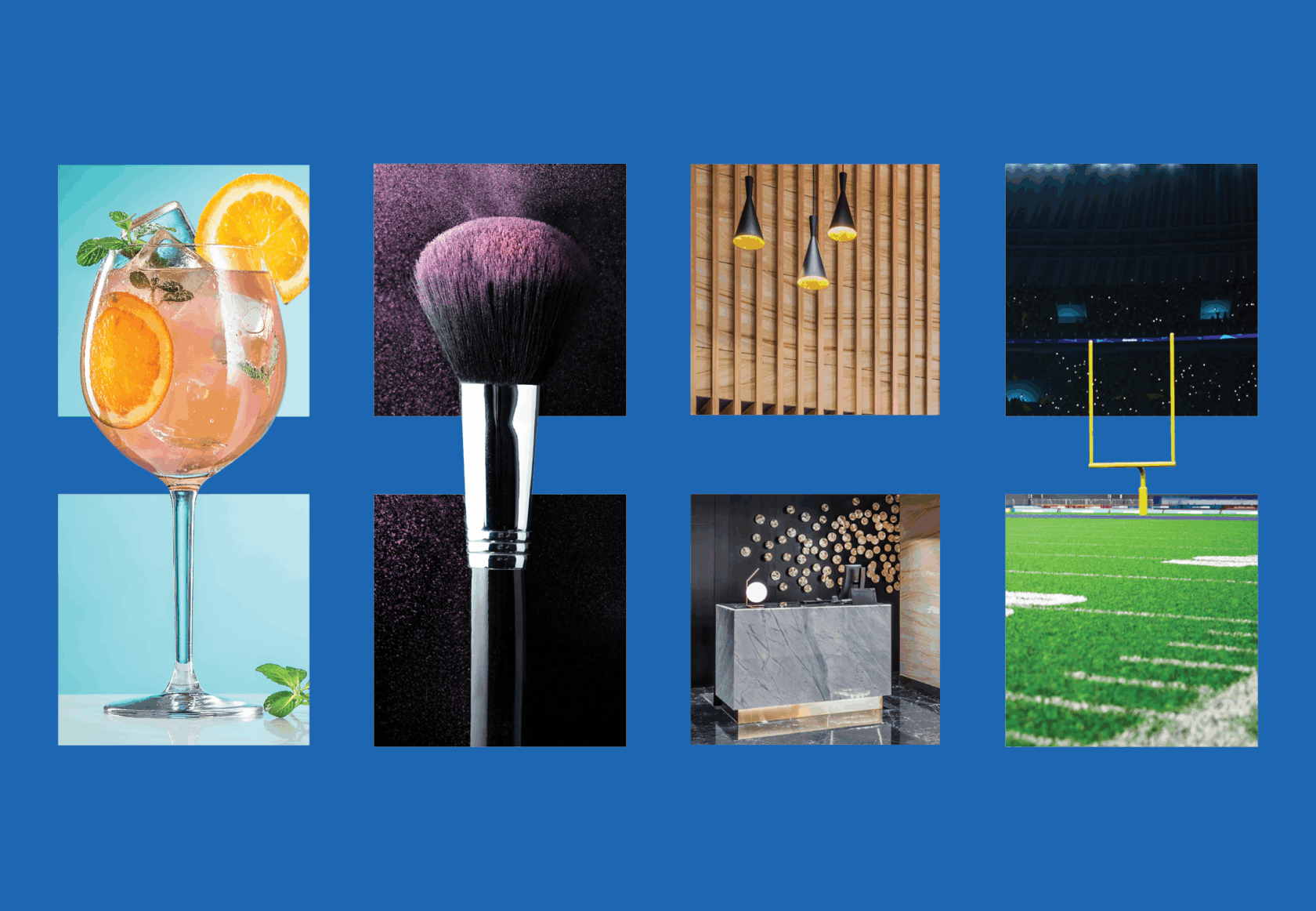 A collage of six images: a cocktail with orange slices, a makeup brush, ceiling lights, a stadium field goal, a hotel lobby, and a close-up of a football field.