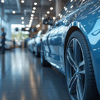 Close-up view of a blue car’s wheel and side in a brightly lit car showroom, with other vehicles lined up in the background.