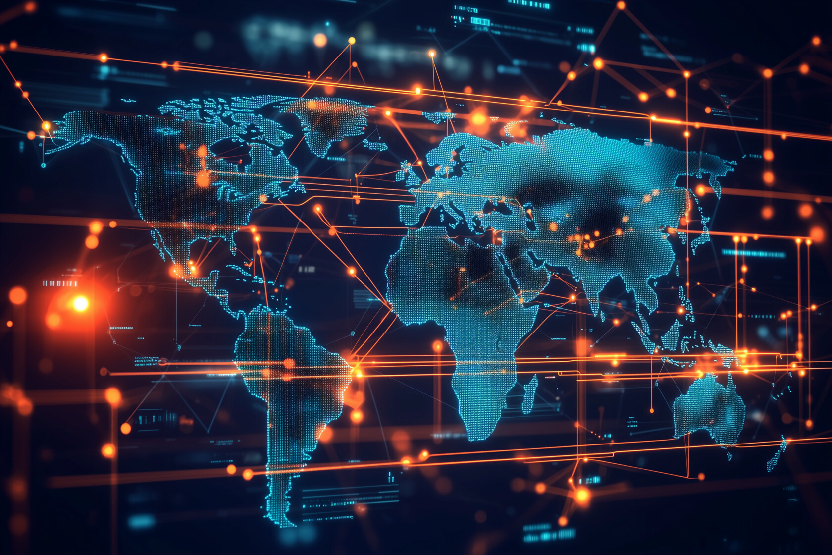 Digital map of the world with glowing orange lines and nodes connecting various locations, representing global data networks and communication.