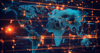 Digital map of the world with glowing orange lines and nodes connecting various locations, representing global data networks and communication.