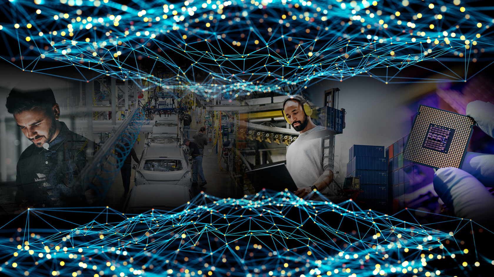 A collage of manufacturing, technology, and logistics scenes overlaid with interconnected digital network lines and glowing dots.