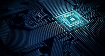 A computer chip with a glowing lock icon in the center, symbolizing digital security on a dark circuit board background.