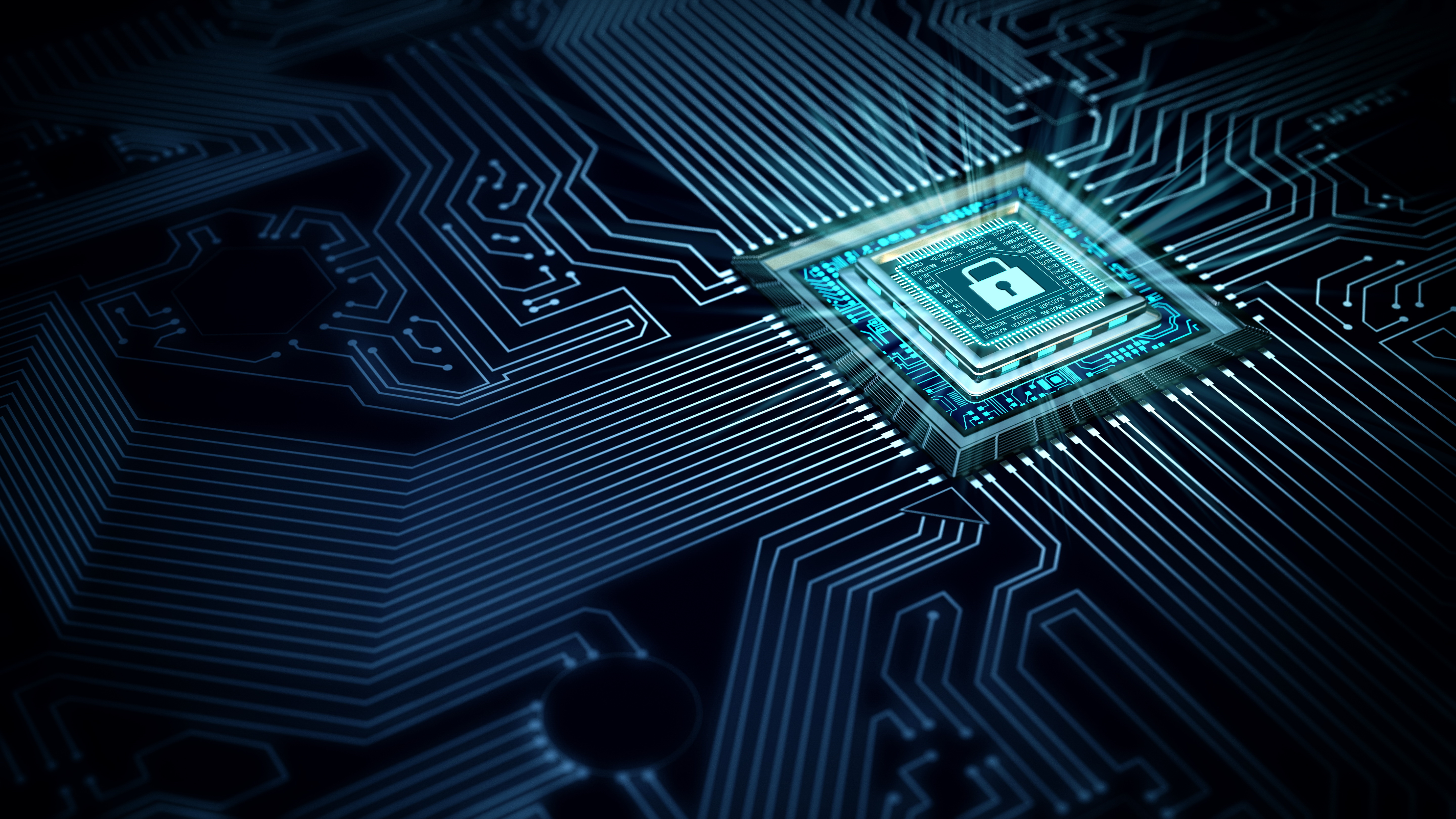A computer chip with a glowing lock icon in the center, symbolizing digital security on a dark circuit board background.