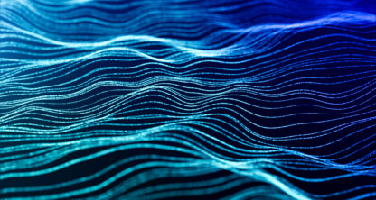 Digital abstract image showing blue and teal wavy lines on a dark background, resembling flowing data or a topographic map.