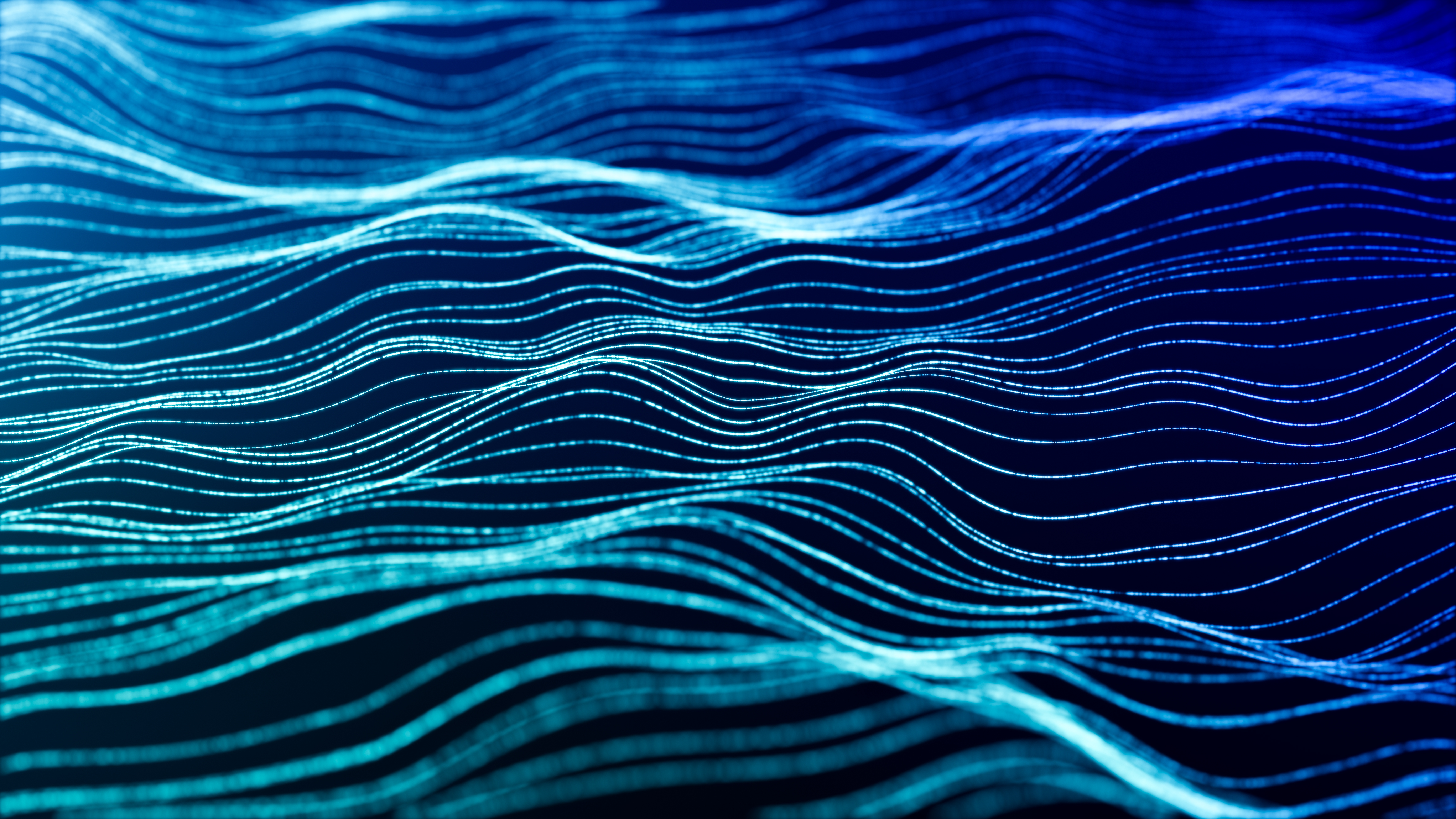 Digital abstract image showing blue and teal wavy lines on a dark background, resembling flowing data or a topographic map.